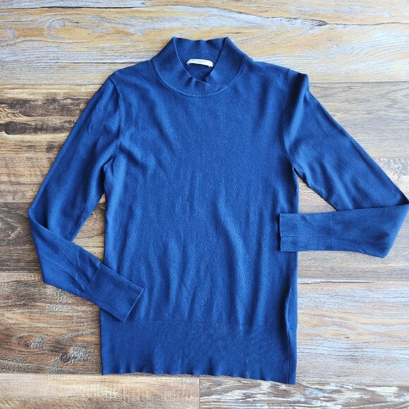 M.M.LAFLEUR Mock Neck Sweater Pullover Italian Viscose Blend Navy Blue - Picture 6 of 11